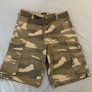 Op Cargo Shorts Mens 32 Green Camo Belted Cotton Relaxed Fit Utility Pockets